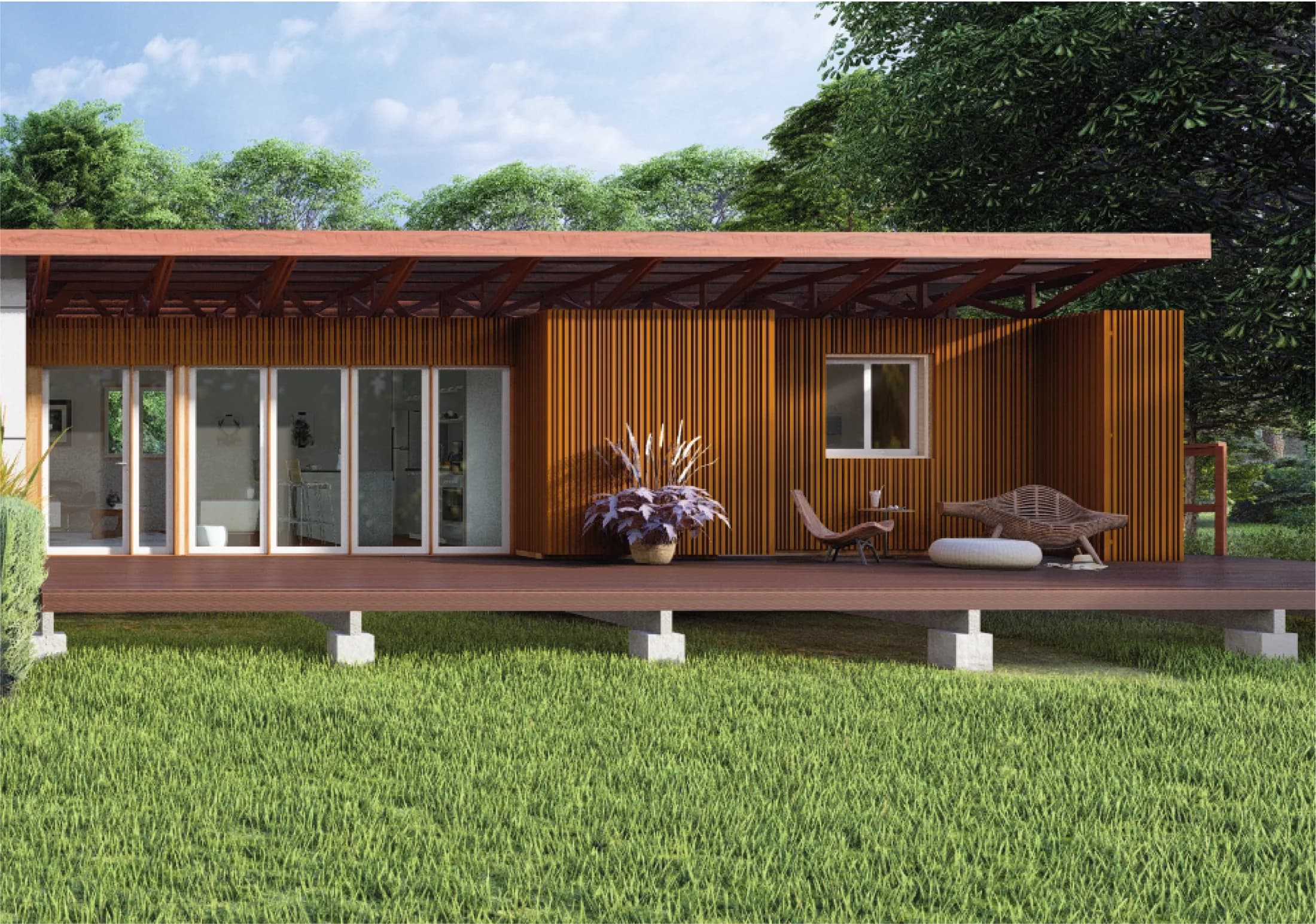 Render del modelo Clásico: fachada de tonos madera, galería cubierta y jardín