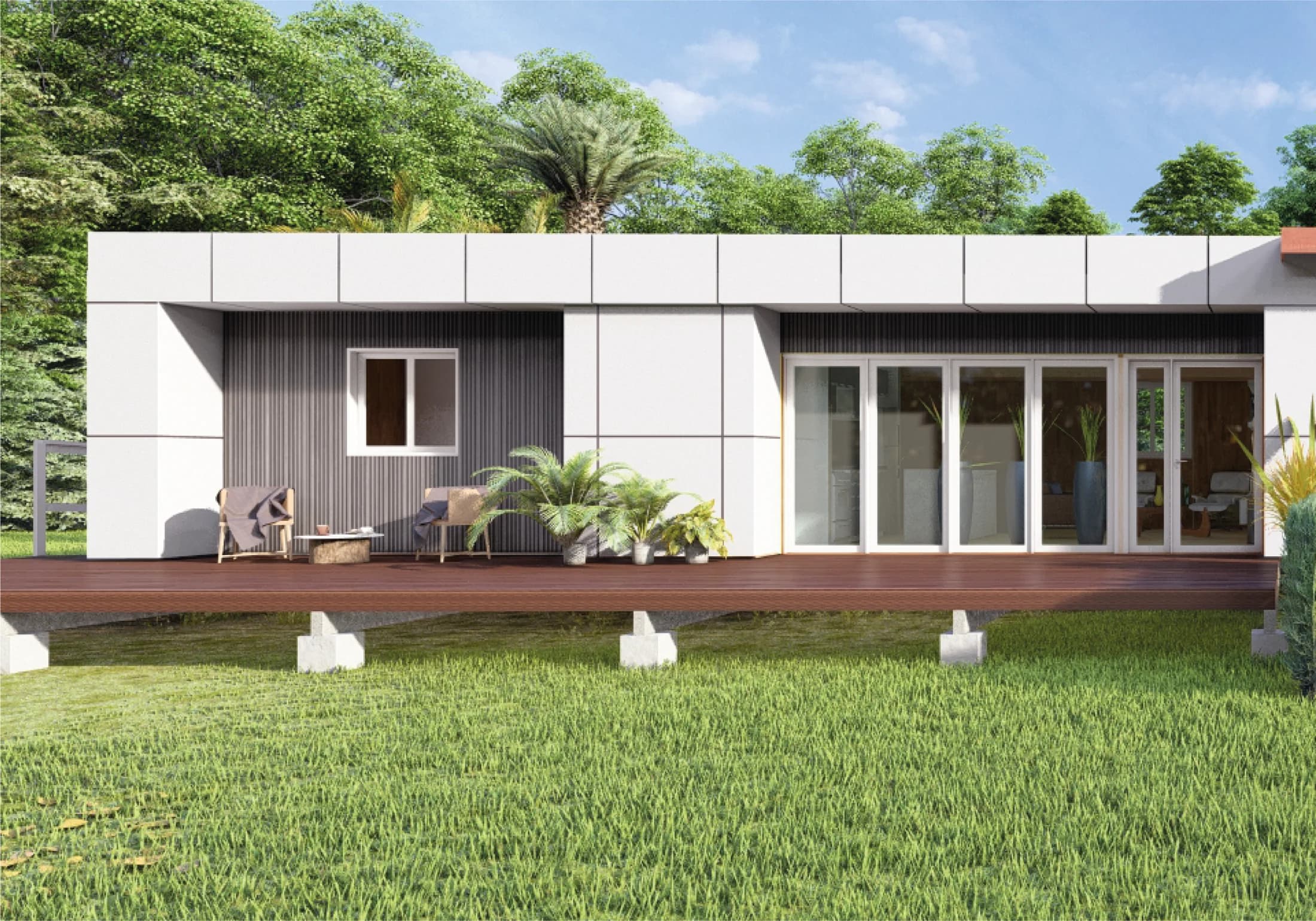 Render del modelo Minimalista: fachada clara, grandes ventanales y deck frente al jardín